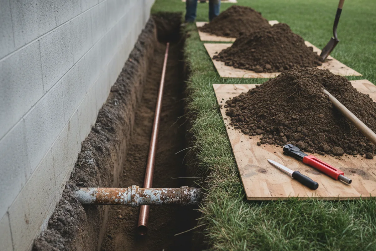 Excavated water line trench during Water Softener Installation in Ojai